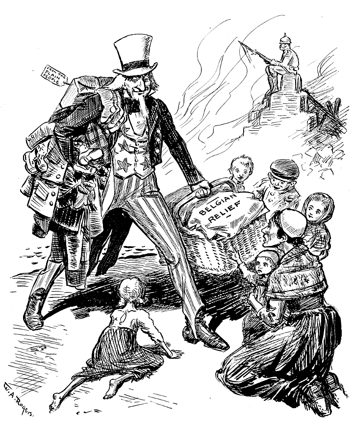 Uncle Sam bringing relief supplies to Belgian women and children.