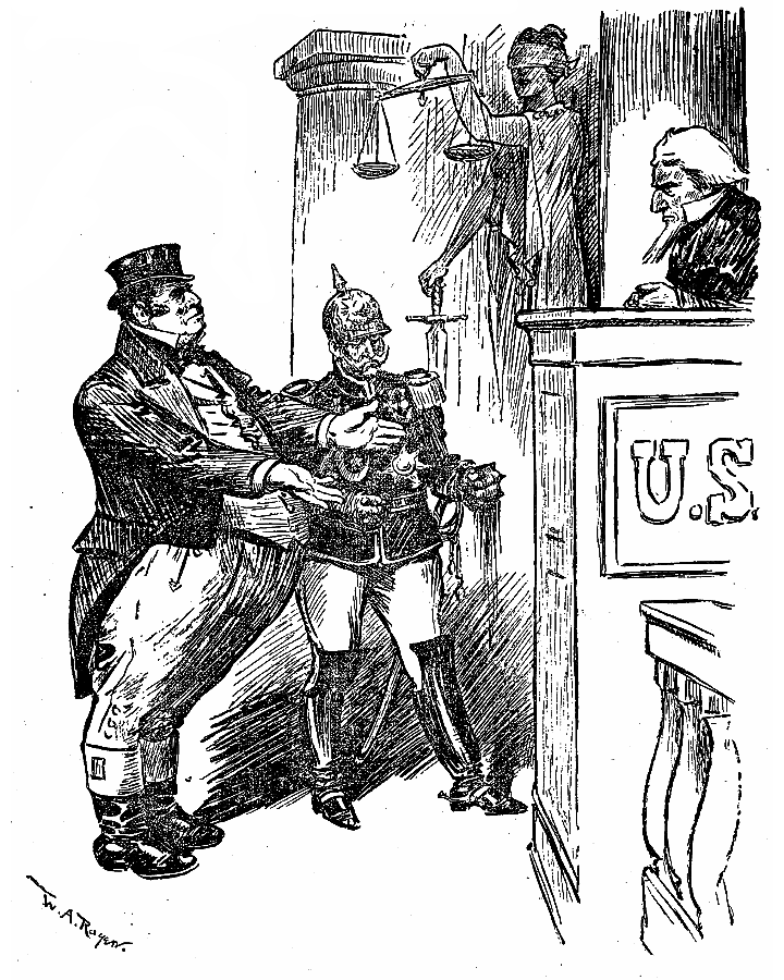 "John Bull" and the Kaiser showing Uncle Sam their hands.