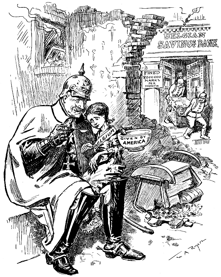 German soldier feeding a Belgian child American food;
            while his comrades loot a Belgian bank.