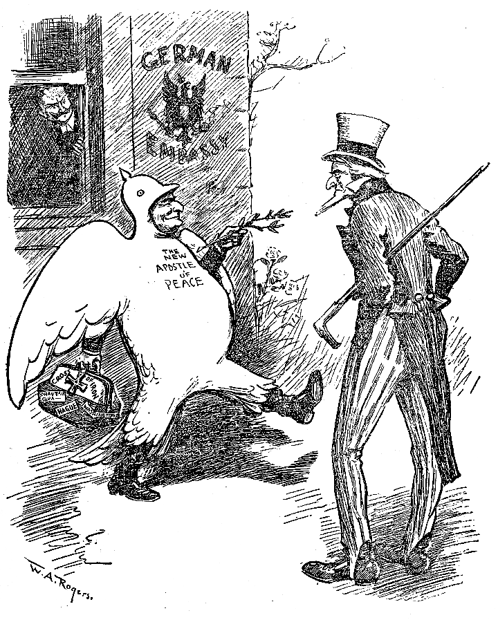 William Jennings Bryan, dressed like a dove, 'goose-stepping'
             in front of the German Embassy