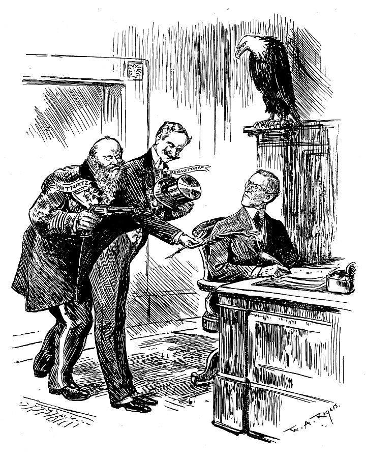 Count Von Bernstorff handing an olive branch to President
             Wilson, Admiral Von Tirpitz holds a revolver.