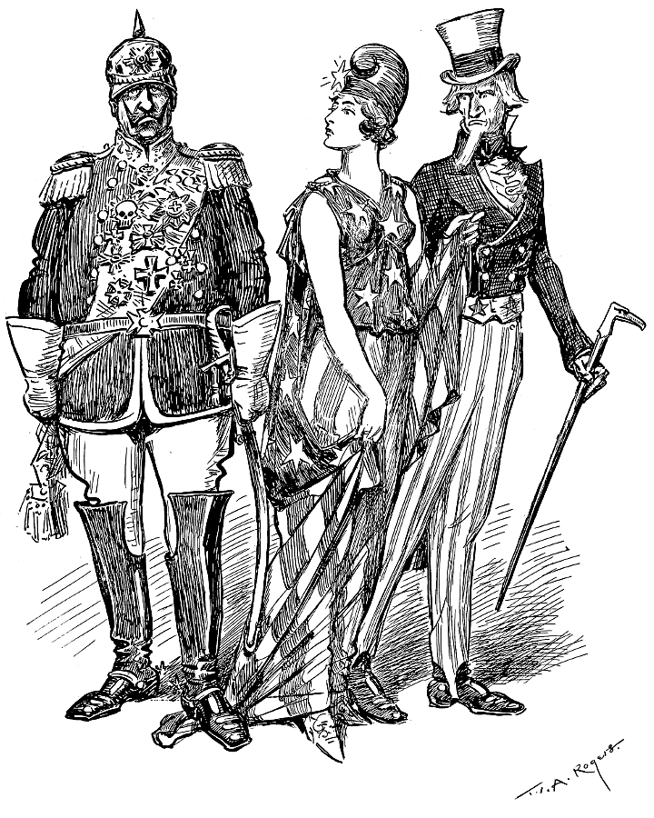 The Kaiser, ‘Liberty’ and Uncle Sam; the
             Kaiser stepping on Liberty's dress.