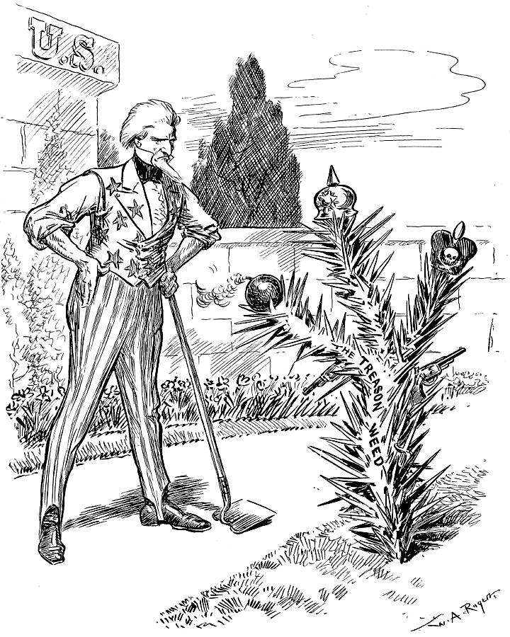 Spiked plant with guns, bomb, pickelhaube (spiked
             helmet), and Pelzmütze (cavalry hat); nearby:
             Uncle Sam with a hoe.