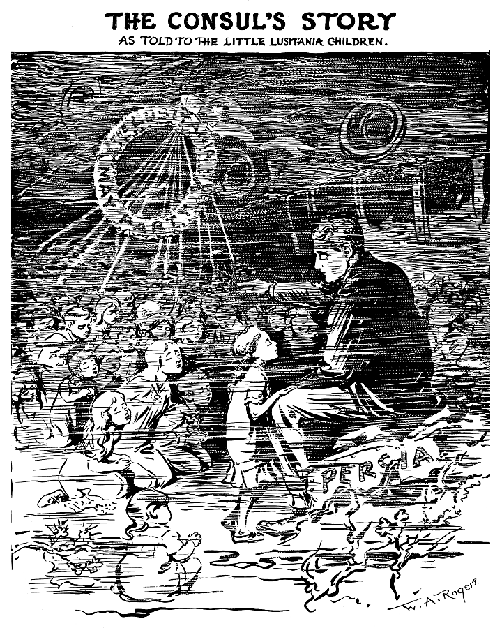 U.S. Consul telling stories to the lost children of
             the Lusitania (under water).