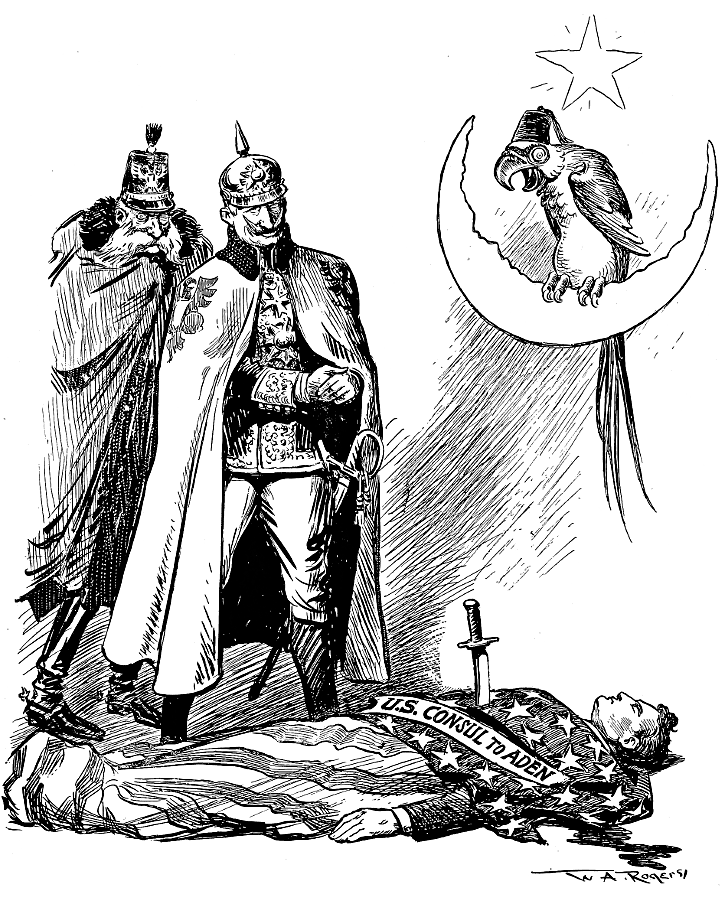 Emperor Franz Joseph, Kaiser Wilhelm, and an Ottoman
             parrot viewing the body of the U.S. consul.