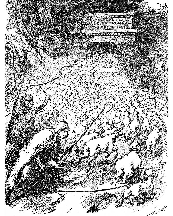 The Crown Prince and Kaiser herding sheep wearing pickelhaube
             to Verdun