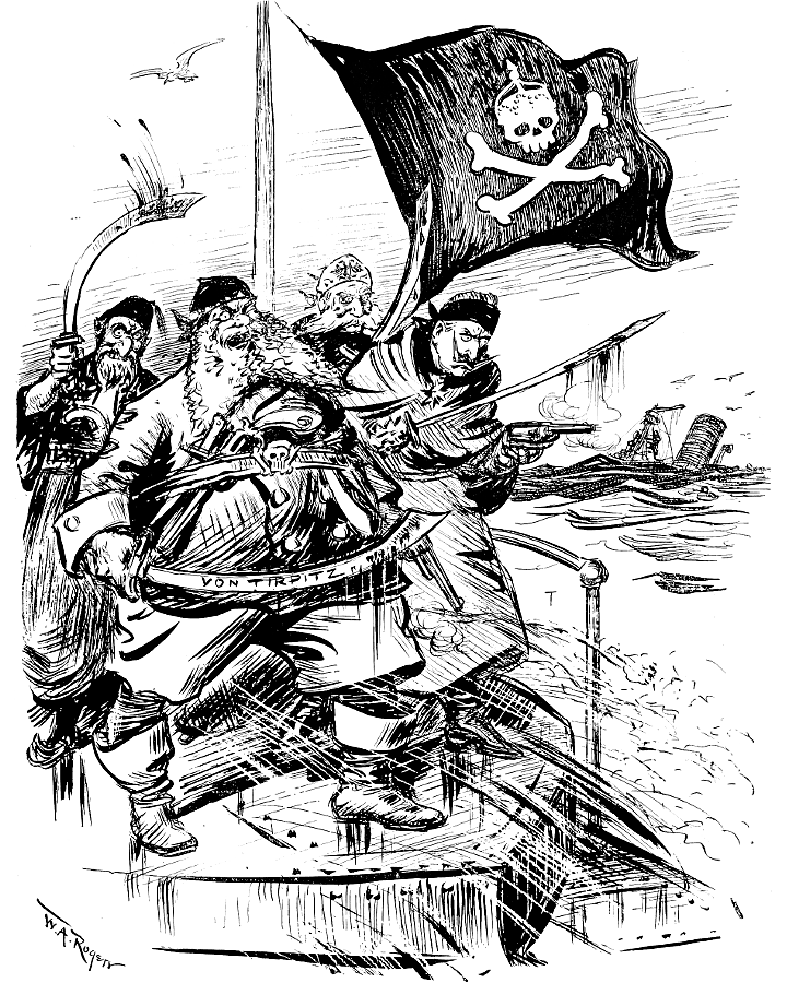 A Turk, Von Tirpitz, Franz Joseph  and Kaiser Wilhelm
             II sailing under a pirate flag.