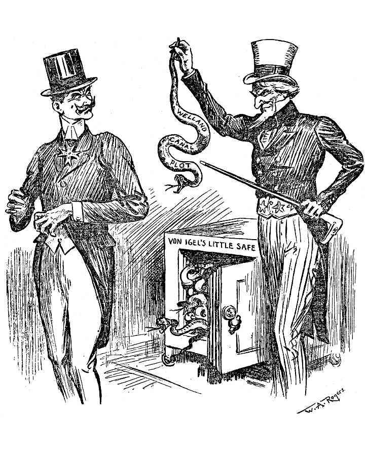 Uncle Sam holding a snake addressing Count Von Bernstorff
            with Von Igel's safe beside him.