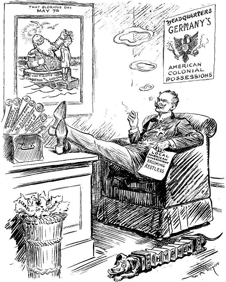 Count Von Bernstorff with his feet on his desk under
             a sign reading Headquarters Germany's Colonial Possessions.