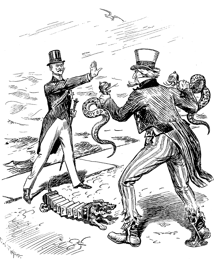 Count Von Bernstorff at the edge of the sea with Uncle
             Sam holding two snakes marked: Boy-Ed and Von Papen.