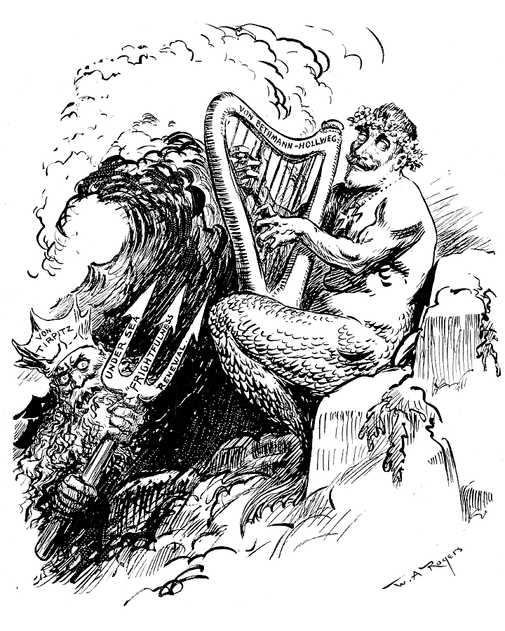 Von Bethmann-Hollweg as a mermaid, Tirpitz nearby with a trident.