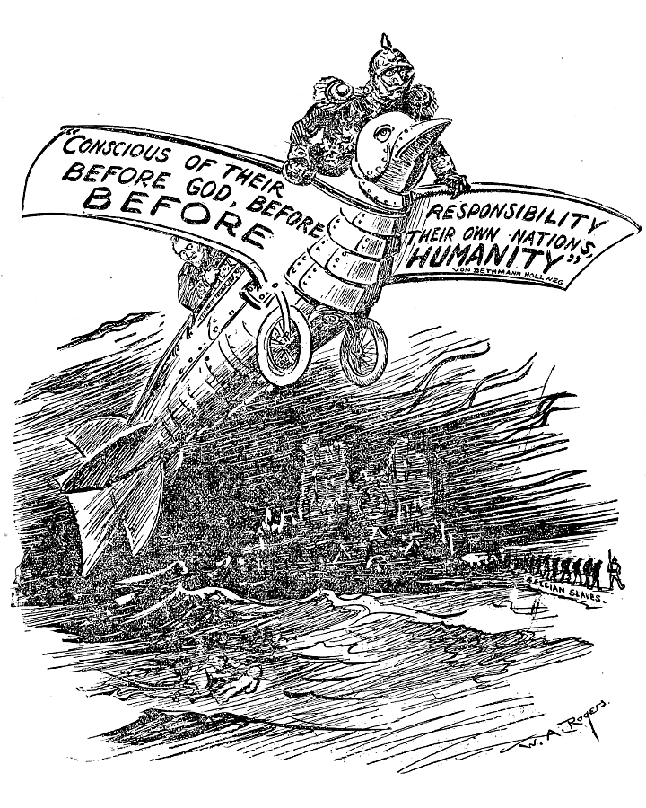 Von Bethmann-Hollweg and the Kaiser in an airplane shaped
            like a dove.