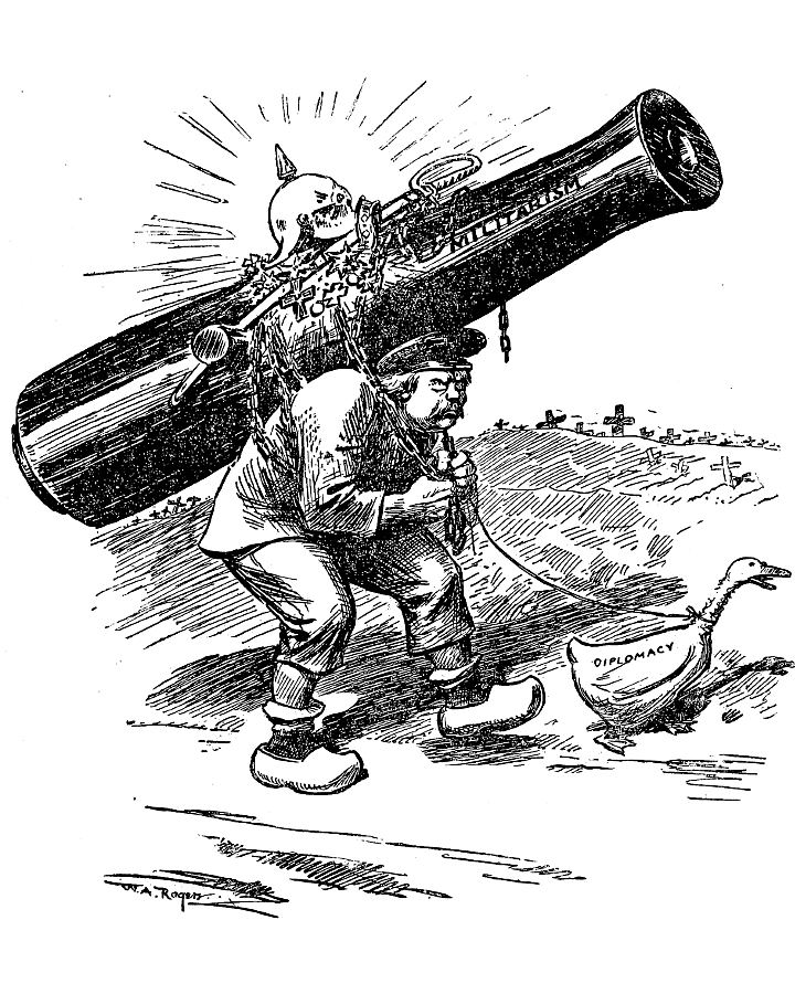 A peasant carrying a cannon on his back and following
             a goose on a string.