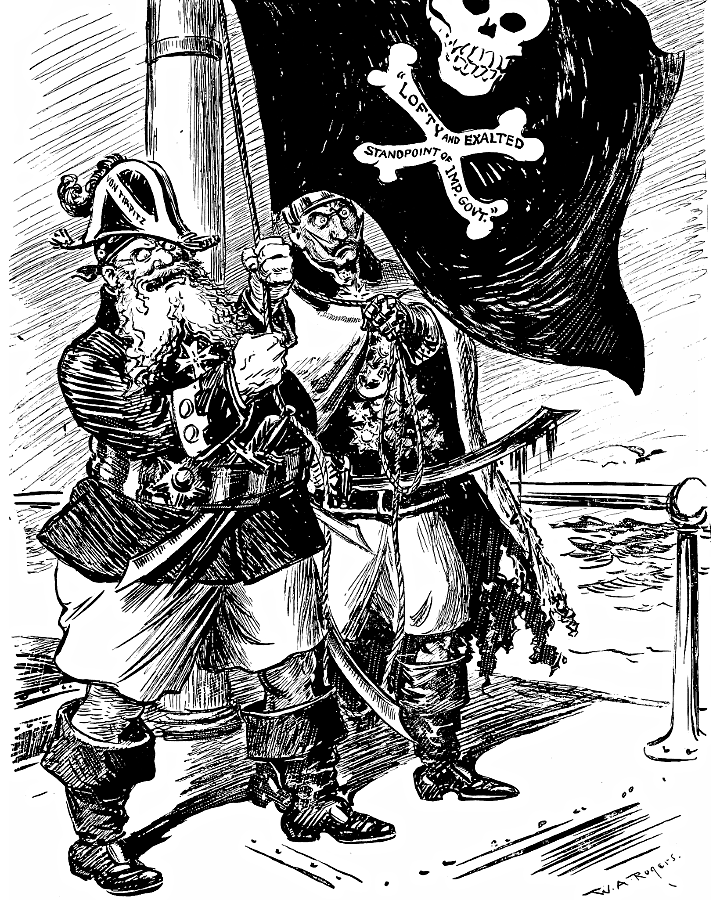 Von Tirpitz and the Kaiser sailing under a pirate flag.