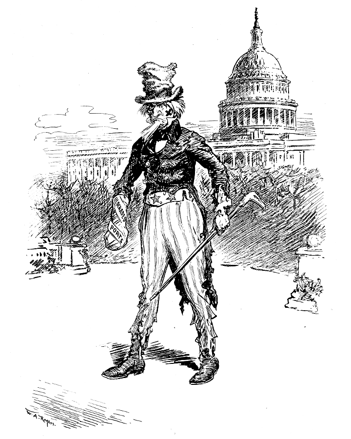 A battered Uncle Sam in front of the U.S. Capitol.