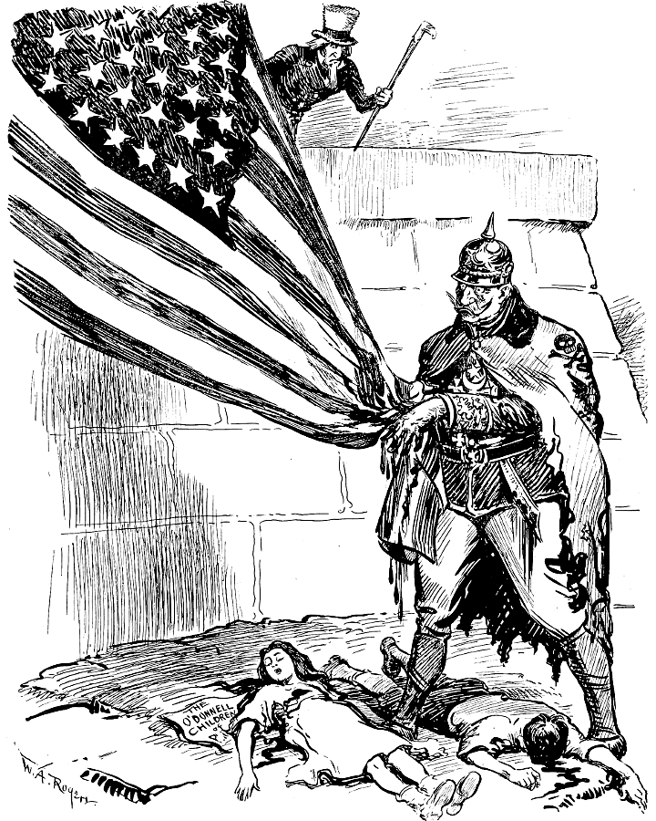 The Kaiser wiping the blood of children off of his hands
        with a U.S. flag.