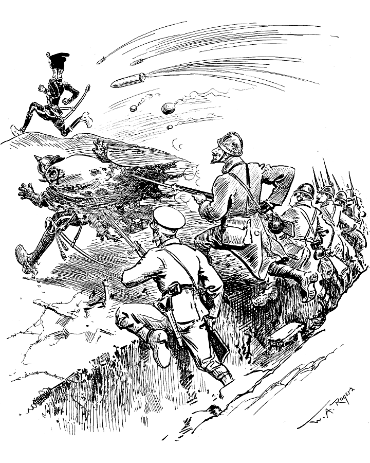 French troops leaving trenches to chase the fleeing
             Kaiser and Crown Prince.