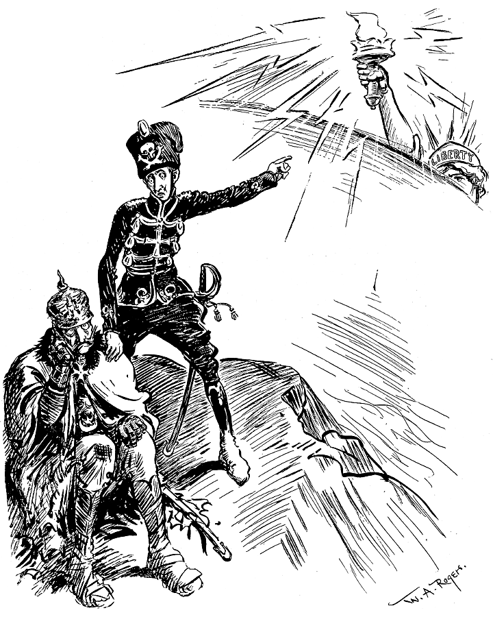 The Kaiser and Crown Prince with Lady Liberty coming
             over the horizon.