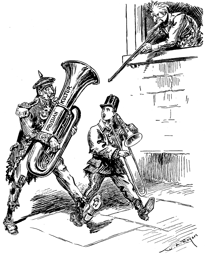 Kaiser Wilhelm playing the tuba, Emperor Charles playing
             the trombone, and Uncle Sam pointing a rifle at them.