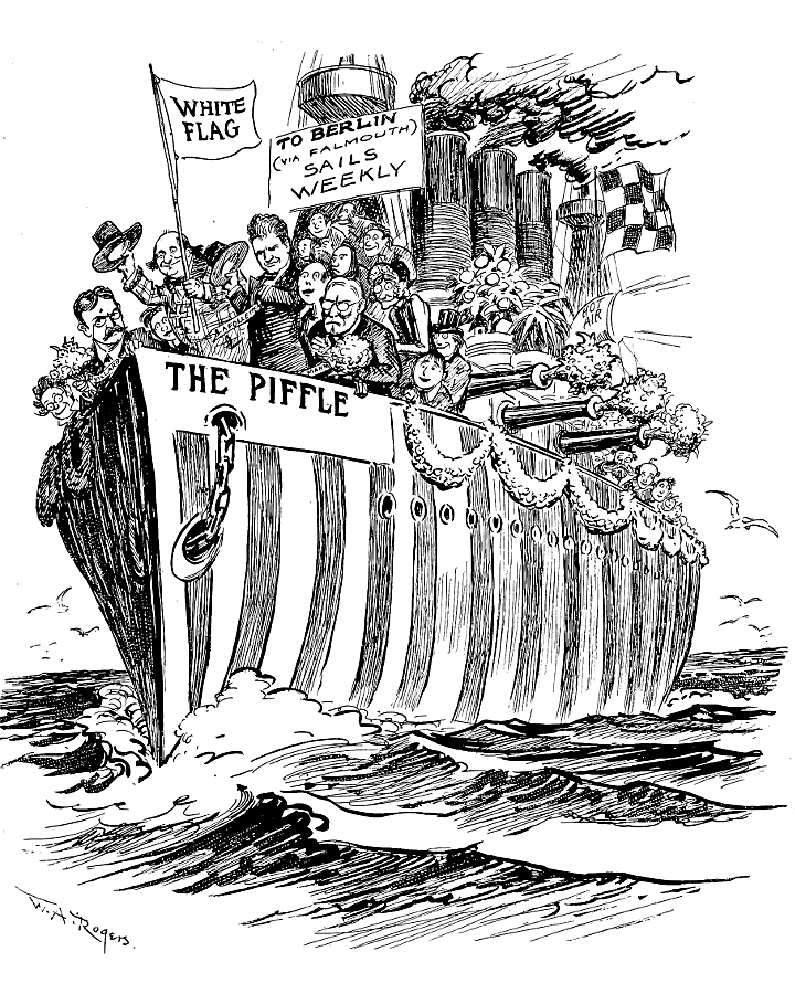 Striped ship with pacifists, Oswald Garrison Villard,
        William Jennings Bryan, Robert La Follette, and others.