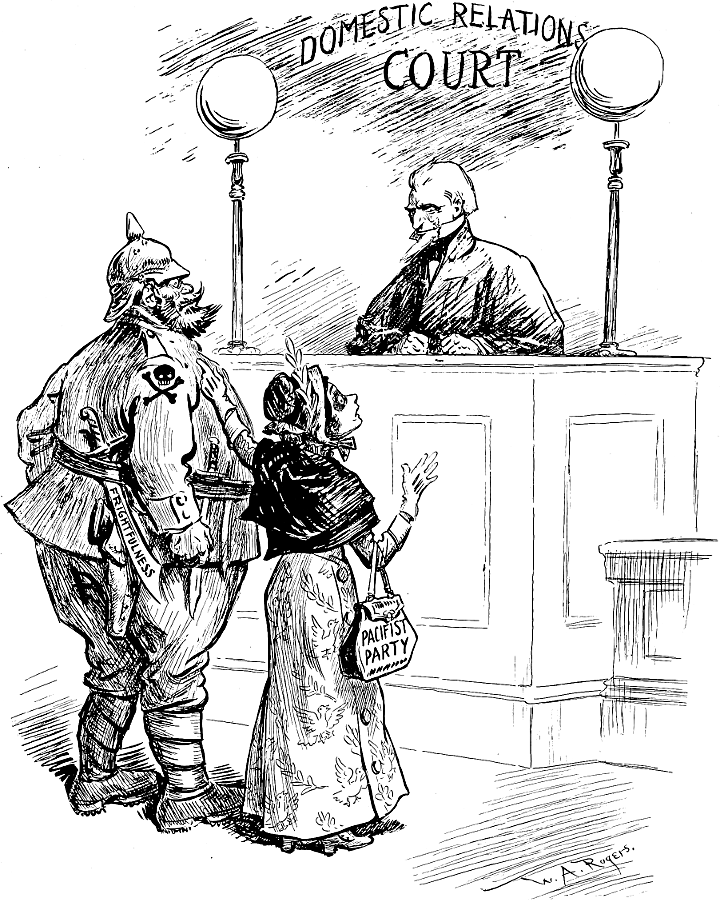 Pacifist Party as a battered wife, with a German soldier
             in Domestic Relations Court.