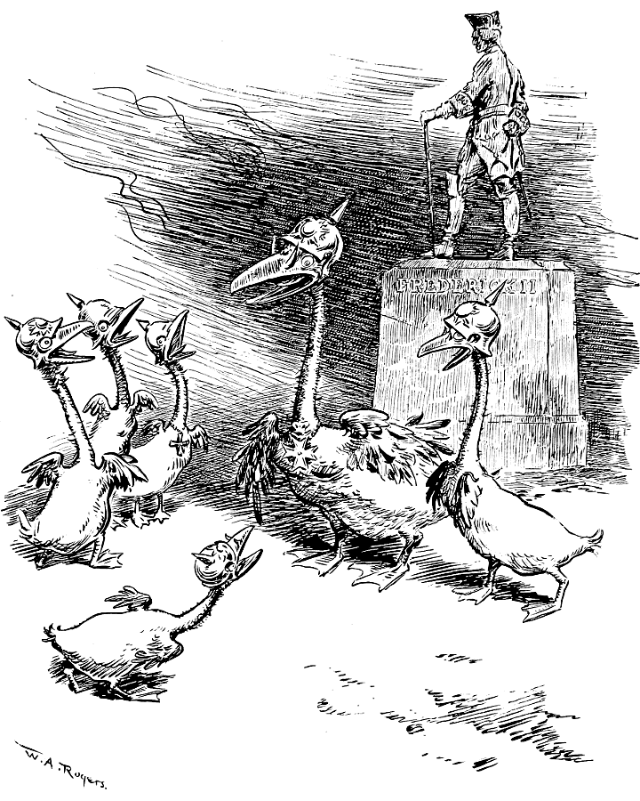 Group of swans wearing pickelhaube at the base of a
             statue of Fredrick II.