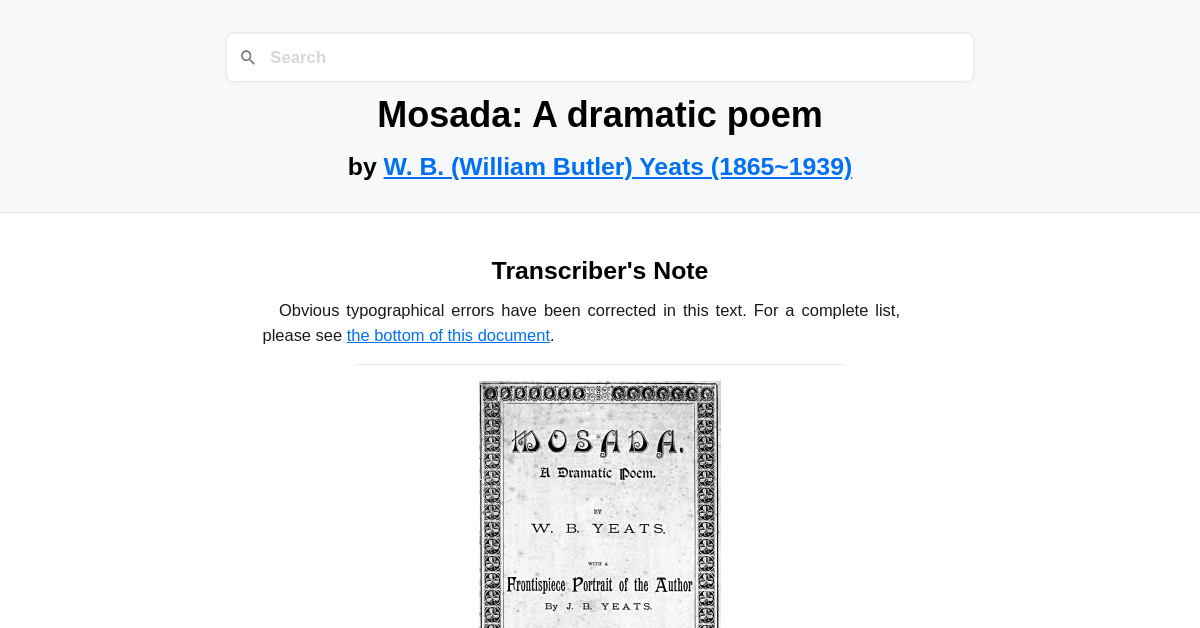 Mosada Invitation Mosada: A dramatic poem by W. B. (William Butler) Yeats (1865~1939)