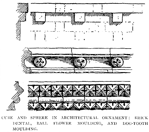 Cube and Sphere in Architectural Ornament:
Brick Dental, Ball Flower Moulding, and Dog-tooth Moulding.