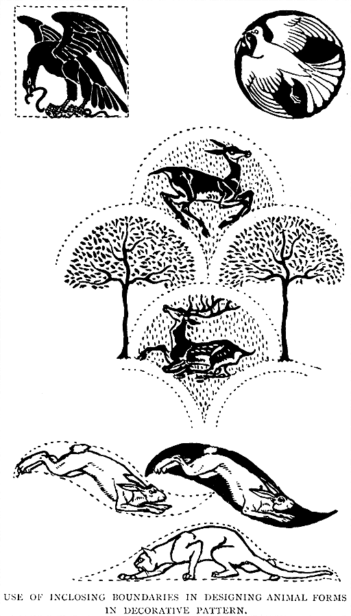Use of Inclosing Boundaries
in Designing Animal Forms in Decorative Pattern.