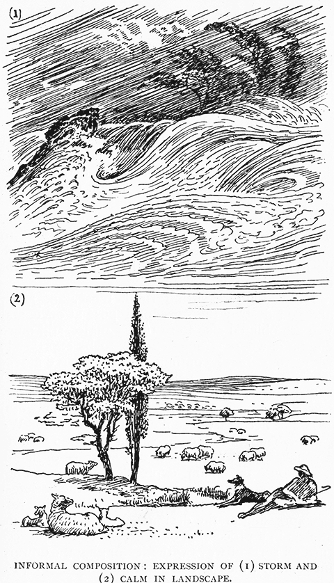 Informal Composition:
Expression Of (1) Storm And (2) Calm In Landscape.
