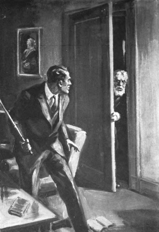 A man standing before a desk and
    holding a fire poker is staring at a white-bearded man poking his
    head in the door to the room.