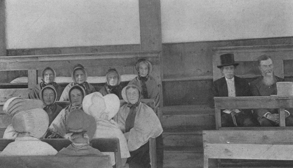 INTERIOR OF OBLONG MEETING HOUSE

On the "facing seats" are: Olive Hoag, Roby Osborn, Betsy Post, Richard Osborn, John L. Worden