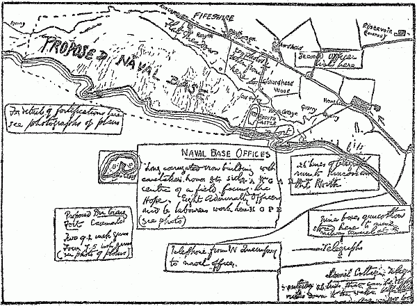PORTIONS OF MAP OF NEW NAVAL BASE AT ROSYTH DISCOVERED IN
POSSESSION OF A SPY.
The notes, here translated from German, were written on the British Ordnance Map.