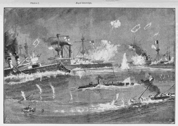 Nicolai I.    Royal Sovereign.
BATTLE OFF BEACHY HEAD: H.M.S. "ROYAL SOVEREIGN" RAMMING THE "NICOLAI I."