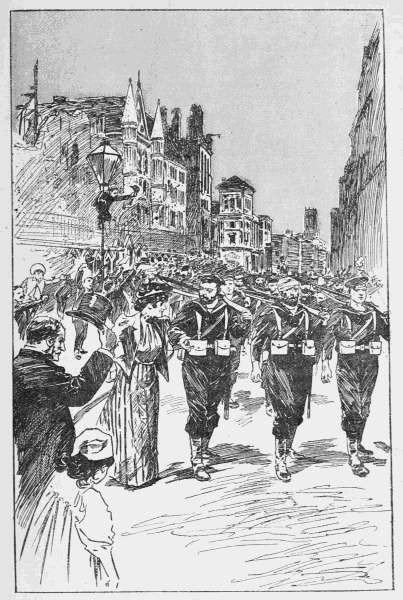 BRITISH BLUEJACKETS MARCHING THROUGH THE STRAND AFTER THE VICTORY.