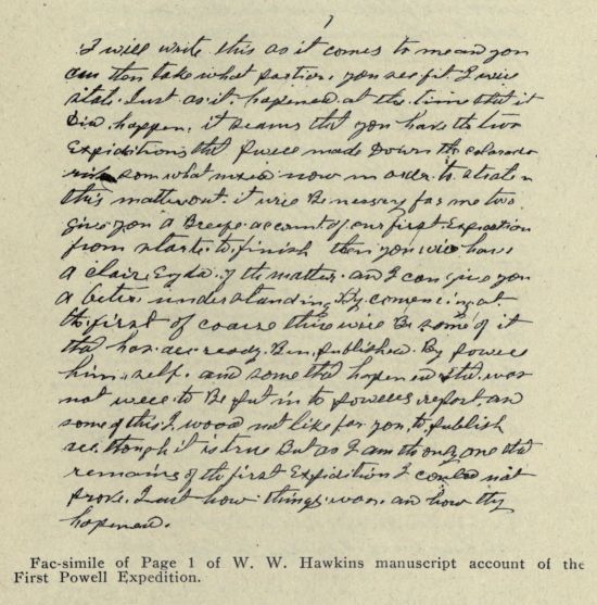 Fac-simile of Page 1 of W. W. Hawkins manuscript account of the First Powell Expedition.