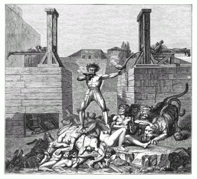 THE "FORMES ACERBES." After a drawing by Lafitte. Expression used by BarÃ¨re in his defence of Joseph Le Bon: "If Le Bon
had employed formes acerbes, he had at least shown his devotion to the
Republic." Le Bon caused the execution of more than fifteen hundred
persons; it was he who installed an orchestra at the foot of the
guillotine.