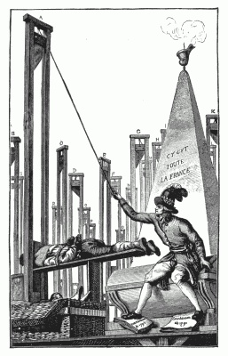 ROBESPIERRE GUILLOTINING THE EXECUTIONER. From an engraving in the collection of M. FÃ©lix Perin. "Robespierre, after having had all the French guillotined, beheads the
executioner with his own hand." This caricature cost the engraver his
life.