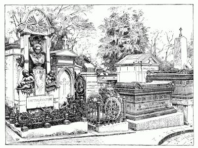 A CORNER IN THE CEMETERY OF PÃRE-LACHAISE: TOMBS OF COUTURE, THE PAINTER; LEDRU-ROLLIN, THE STATESMAN; COUSIN, THE PHILOSOPHER; AND AUBER, THE COMPOSER. Drawn from a photograph.