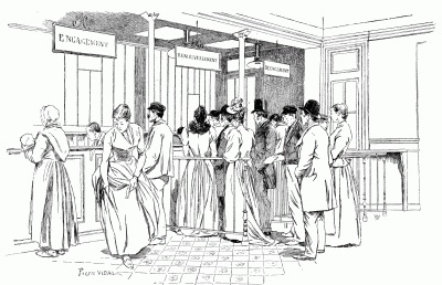 THE MONT-DE-PIÃTÃ: SCENE IN A BRANCH OFFICE OF THE GREAT MUNICIPAL PAWN-SHOP. After a drawing by Pierre Vidal.
