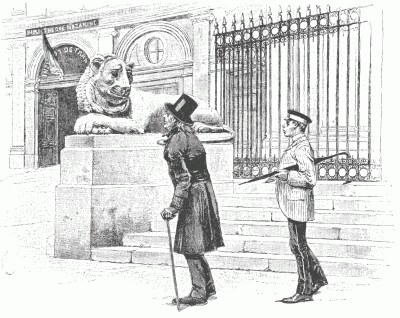 AN "IMMORTAL" AT THE ENTRANCE TO THE INSTITUT DE FRANCE. After a drawing by Ãmile Bayard.