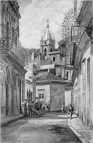 OLD AND NEW IN HAVANA

The architecture of Havana ranges from the sixteenth century to the
twentieth, and specimens of all five centuries may in some places be
found grouped within a single scene; with electric lights and telephones
in buildings which were standing when Francis Drake threatened the city
with conquest.